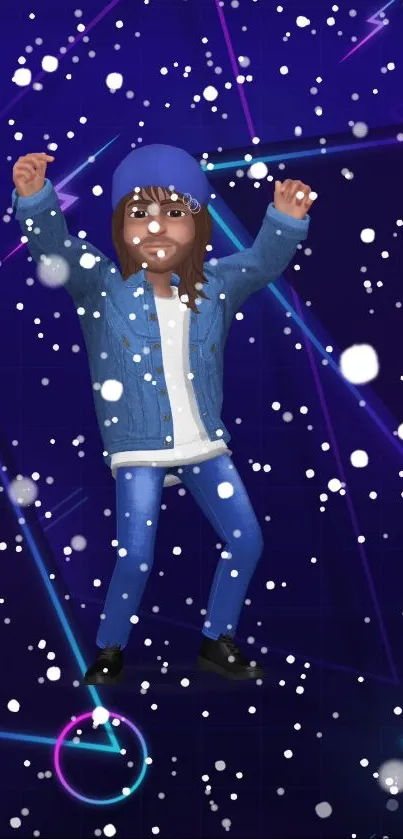 Animated character in blue with snowflakes and neon background.