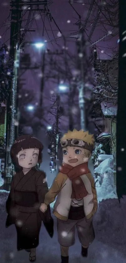 Animated characters in a snowy night street scene.