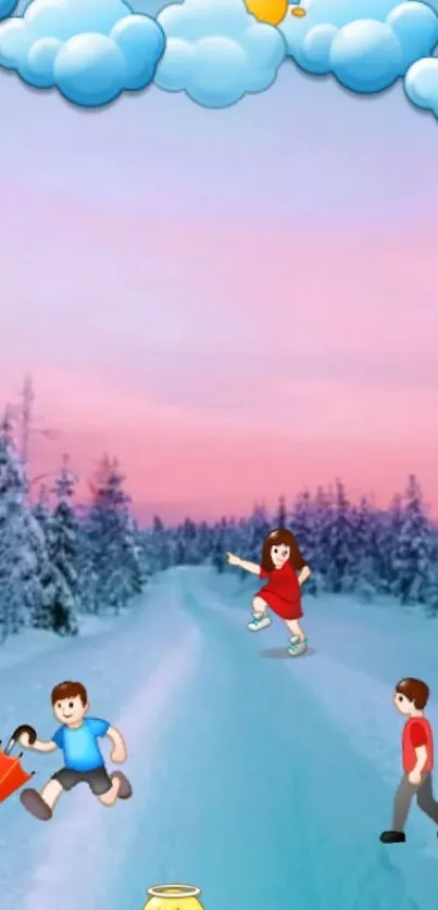 Animated children playing in a whimsical winter landscape.