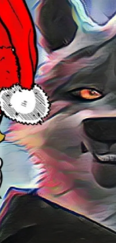 Vibrant animated wallpaper featuring a wolf and Santa character in festive colors.