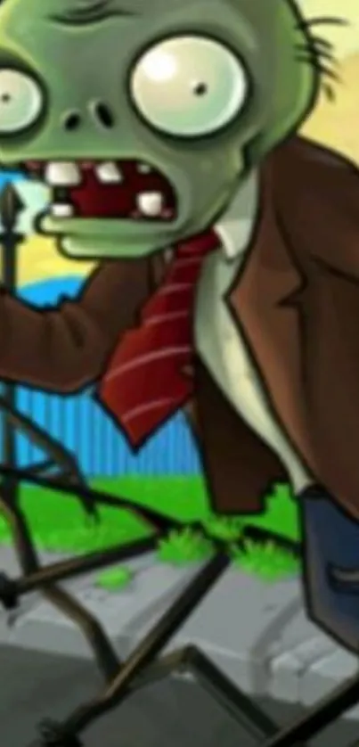 Animated zombie cartoon in suit with red tie on colorful backdrop.