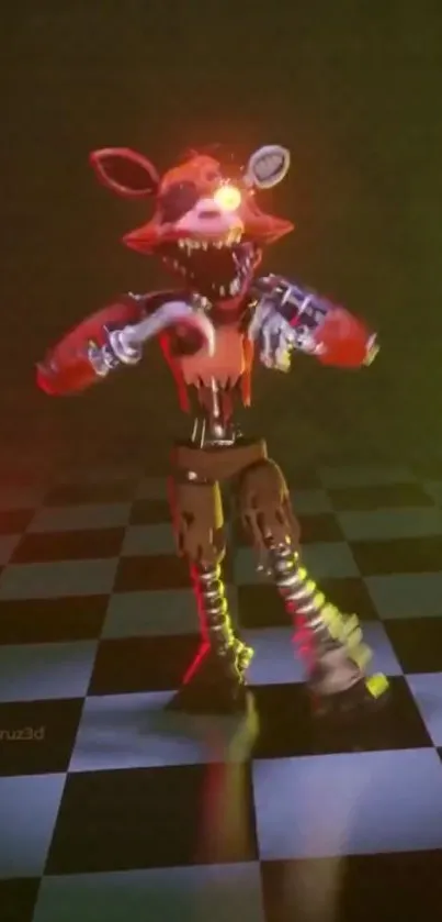 A robotic fox character on a checkered floor with colorful lighting.