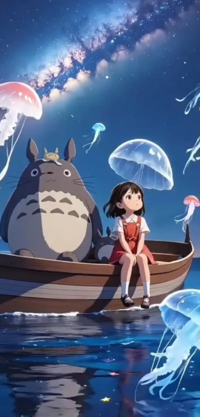 Anime girl and creature on a boat under starry sky with jellyfish glowing.