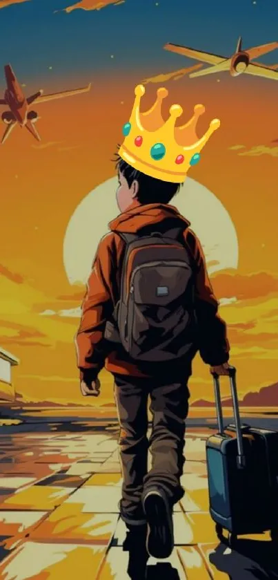 Anime character with crown at sunset airport.