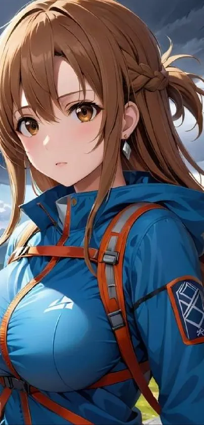 Anime adventurer in blue jacket amidst nature.