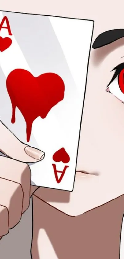 Anime character holding heart-themed card, red eye accent.