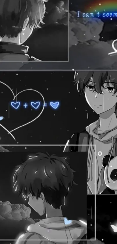 Anime aesthetic wallpaper with monochrome characters, hearts, and a rainbow.