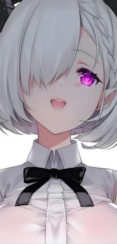 Anime character with white hair and vibrant eyes on a bright background.