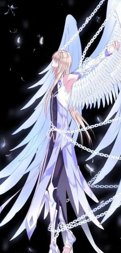 Anime angel with chains and wings on a dark background.