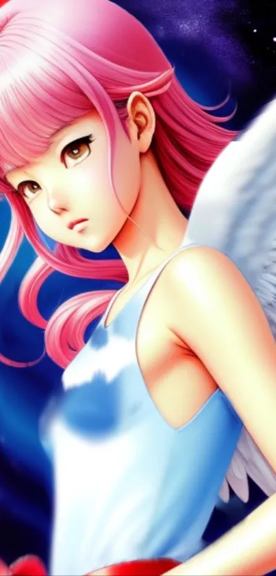 Anime angel girl with pink hair in artistic wallpaper.