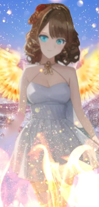 Anime angel with glowing wings in a sparkling sky.