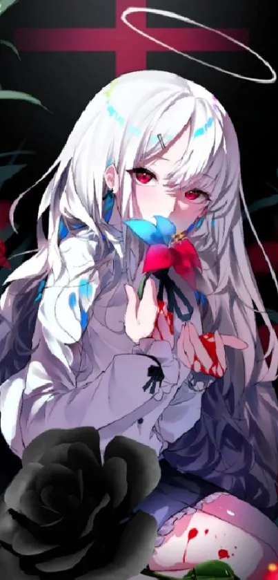 White-haired anime angel surrounded by red flowers.