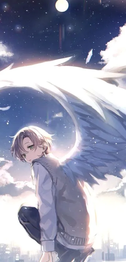 Anime angel with wings at night sky, city below.