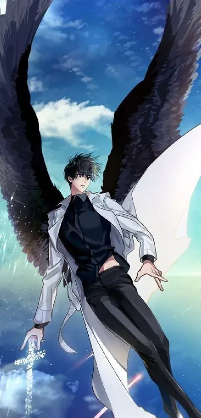 Anime angel with dark wings against a vibrant blue sky.