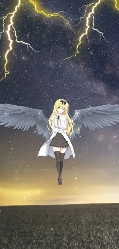 Anime angel with wings in stormy sky, lightning above.