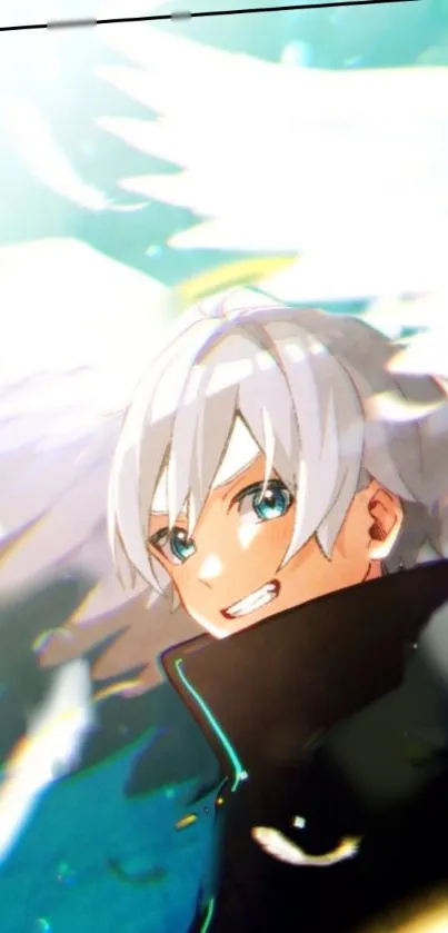 Anime character with white hair and wings against a bright blue background.