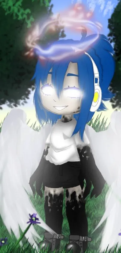 Anime angelic character with wings and blue hair amidst trees.