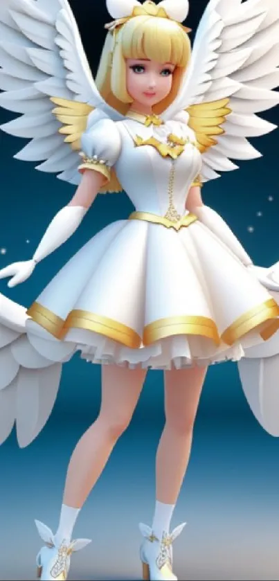 Anime angel girl with wings in a white dress set against a starry sky.