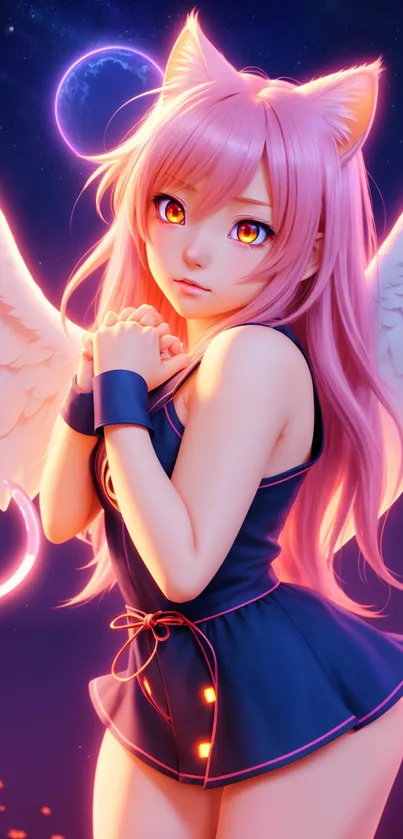 Anime girl with pink hair and wings, set in a vibrant fantasy scene.