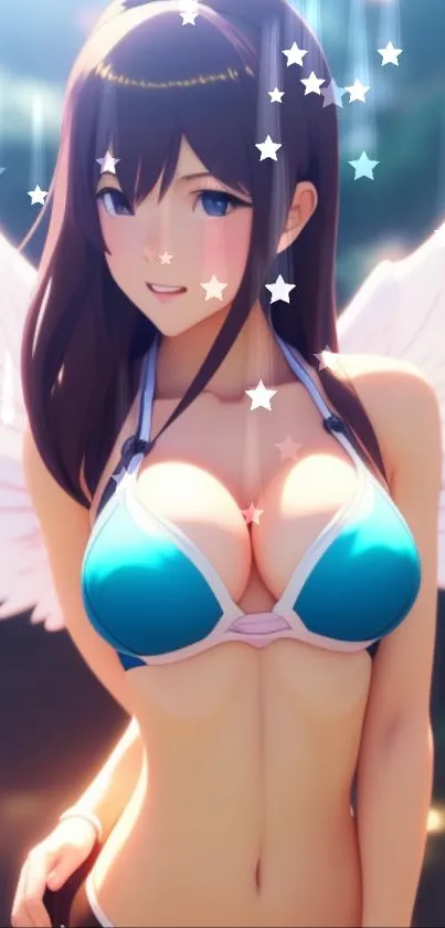 Anime angel with blue bikini and wings in a starry, dreamy background.