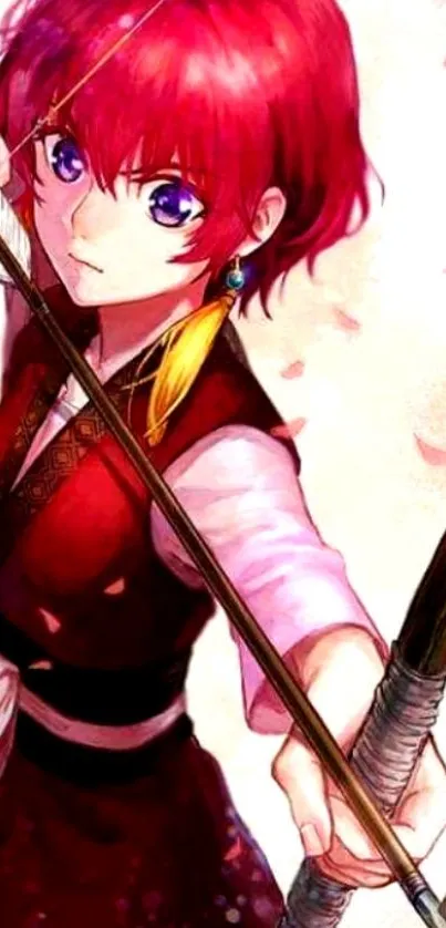 Anime archer girl with red hair aiming an arrow in a blossom-filled setting.