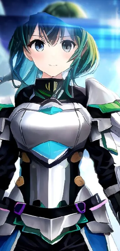 Anime girl in armor with vibrant colors and digital art style.