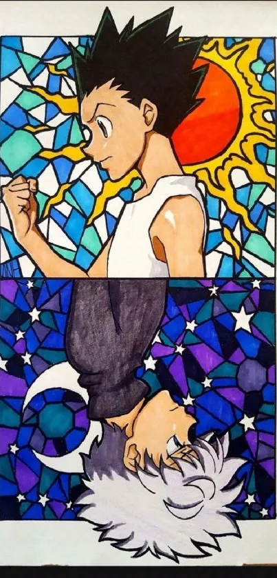 Stained-glass anime characters with sun and moon motif.