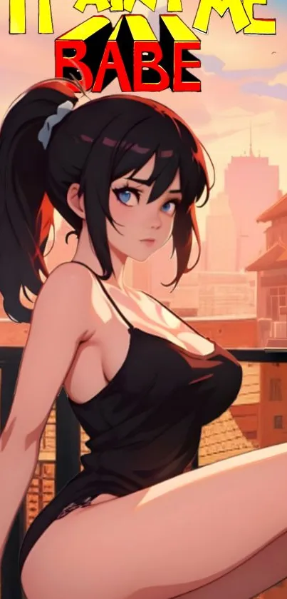 Anime character in cityscape with warm colors.