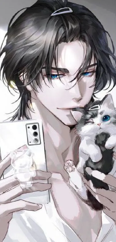 Anime-inspired art of a character with a smartphone and fluffy cat companion.