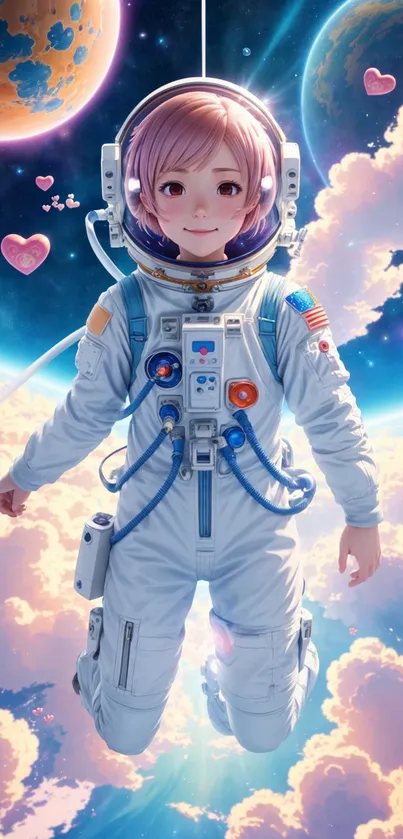 Anime astronaut floating in vibrant space.