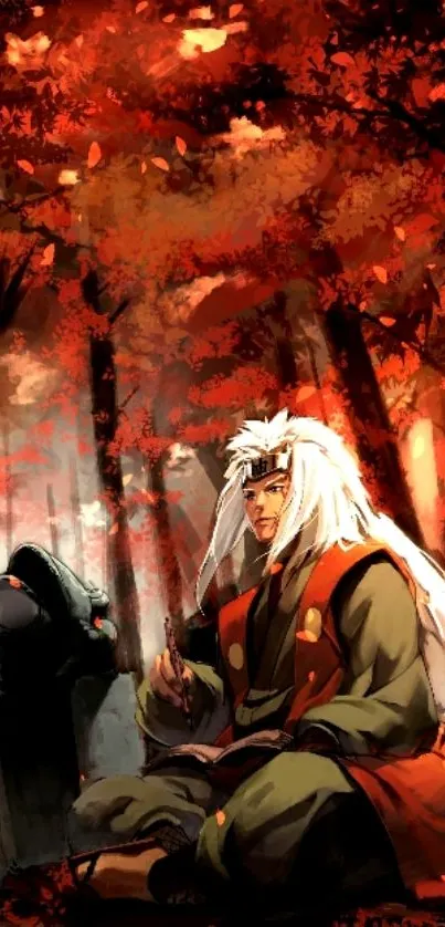 Anime character in an autumn forest with orange leaves.