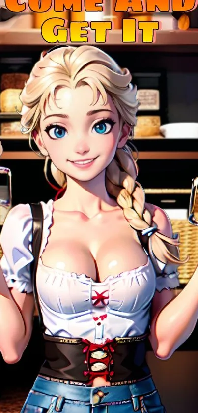 Anime character barmaid holding beers in a lively tavern setting.