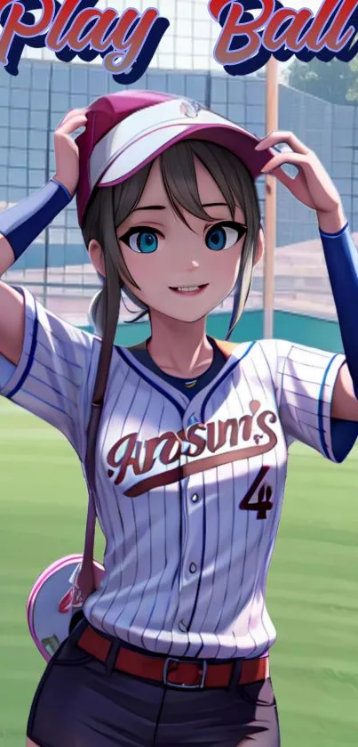 Anime girl in baseball outfit at stadium.