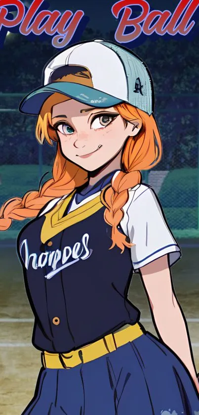 Anime girl in baseball uniform with braided hair on a sports field.