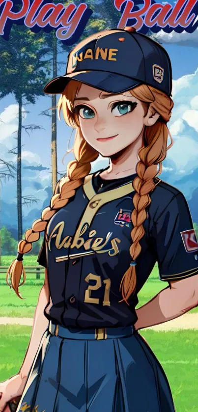 Anime girl in baseball outfit with blue sky and green field background.