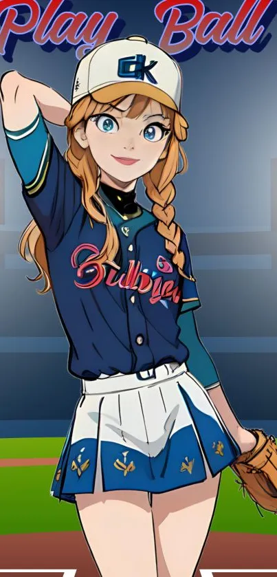 Anime girl in baseball uniform with field background.