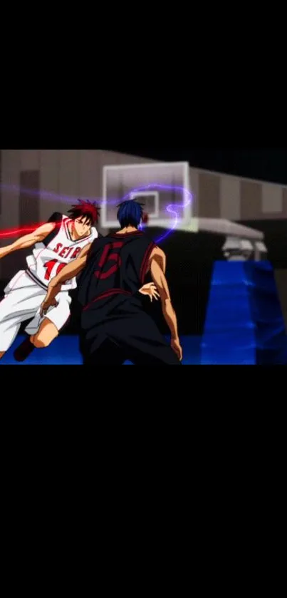 Anime basketball scene with two players in dynamic action on a court.