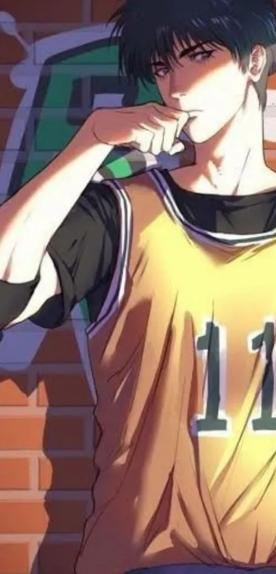 Anime basketball player in a yellow jersey against a brick wall background.