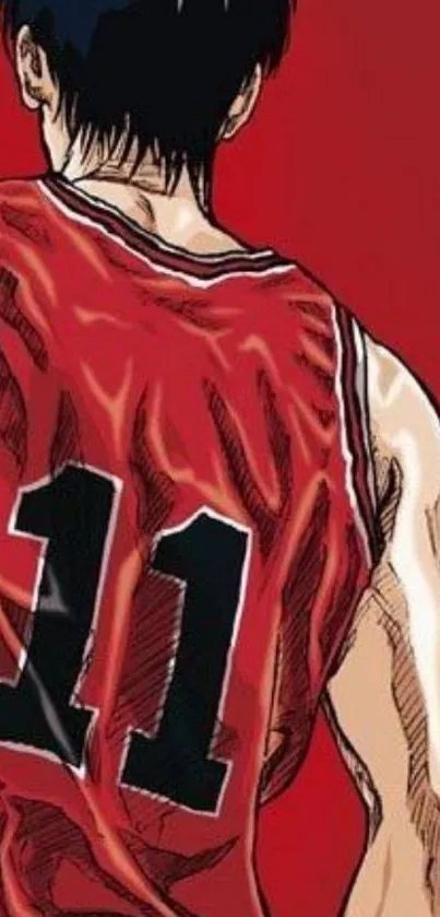 Anime character in red basketball jersey.