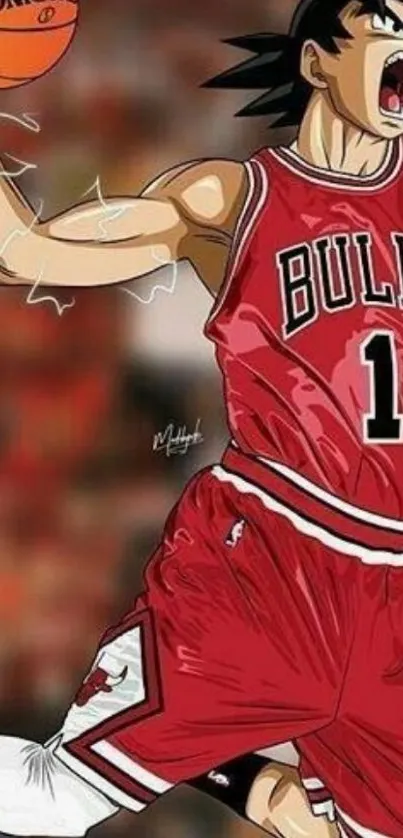 Anime basketball player in red jersey leaping.