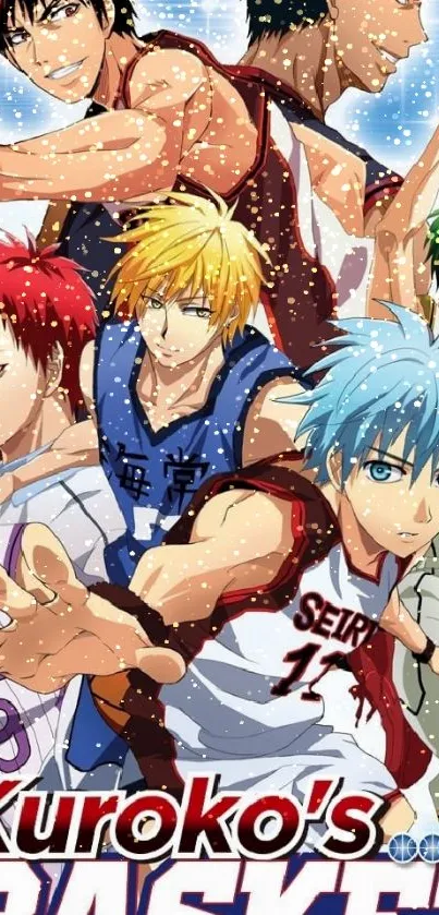 Anime basketball team in action with vibrant colors.