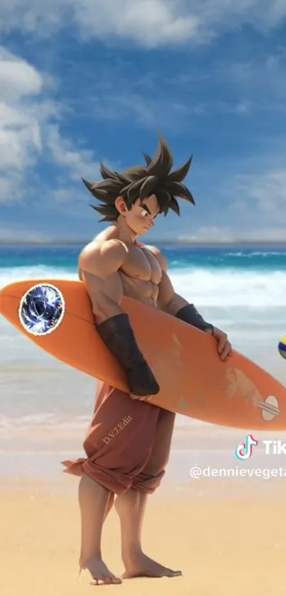 Anime character with surfboard on beach with ocean background.