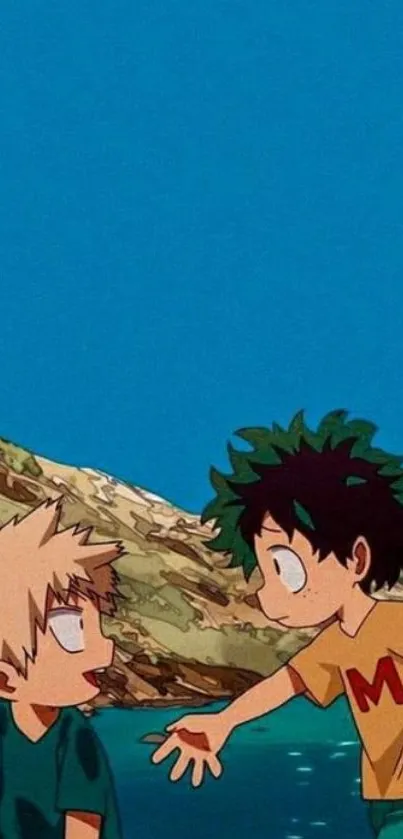 Two anime characters at the beach with a vibrant blue sky background.