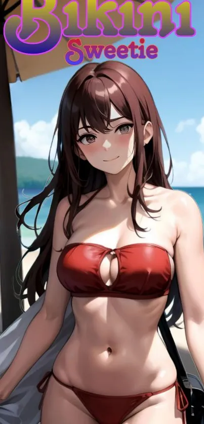 Anime character in red bikini on a sunny beach.