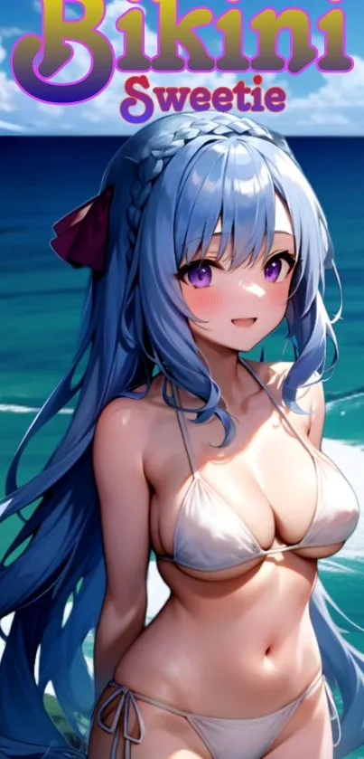 Anime girl in bikini on a beach with ocean view.