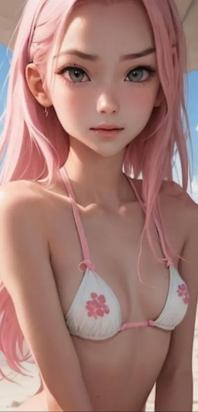 Anime girl with pink hair on a beach wallpaper.