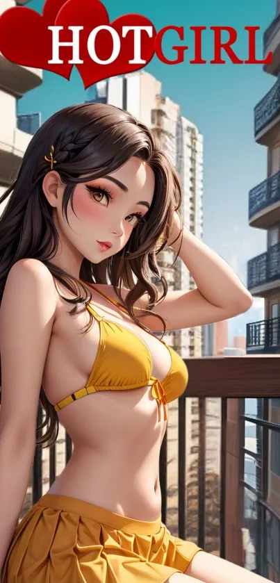 Vibrant anime girl on urban balcony in summer scenery.