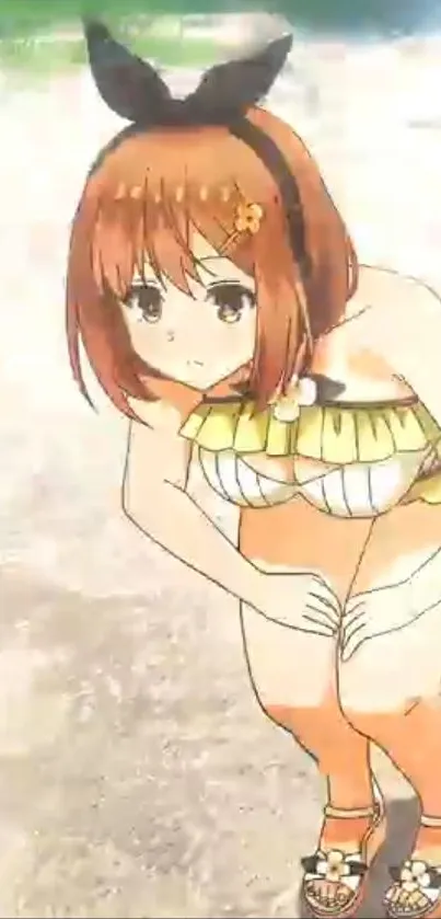 Anime girl in summer attire on a beach.