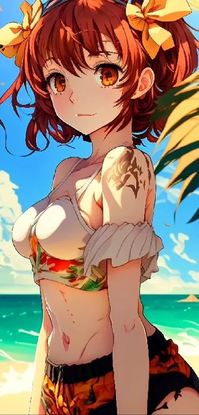 Anime girl on a sunny beach with palm trees and vibrant colors.