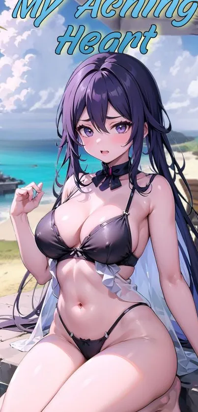 Anime girl sitting on beach with ocean view.